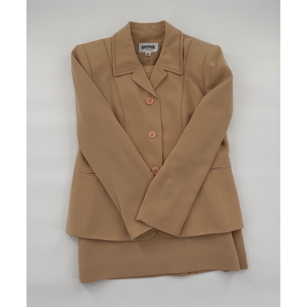 Kasper Petite Tan Beige Skirt Suit Set 2 Piece Blazer Skirt Size 8P Professional